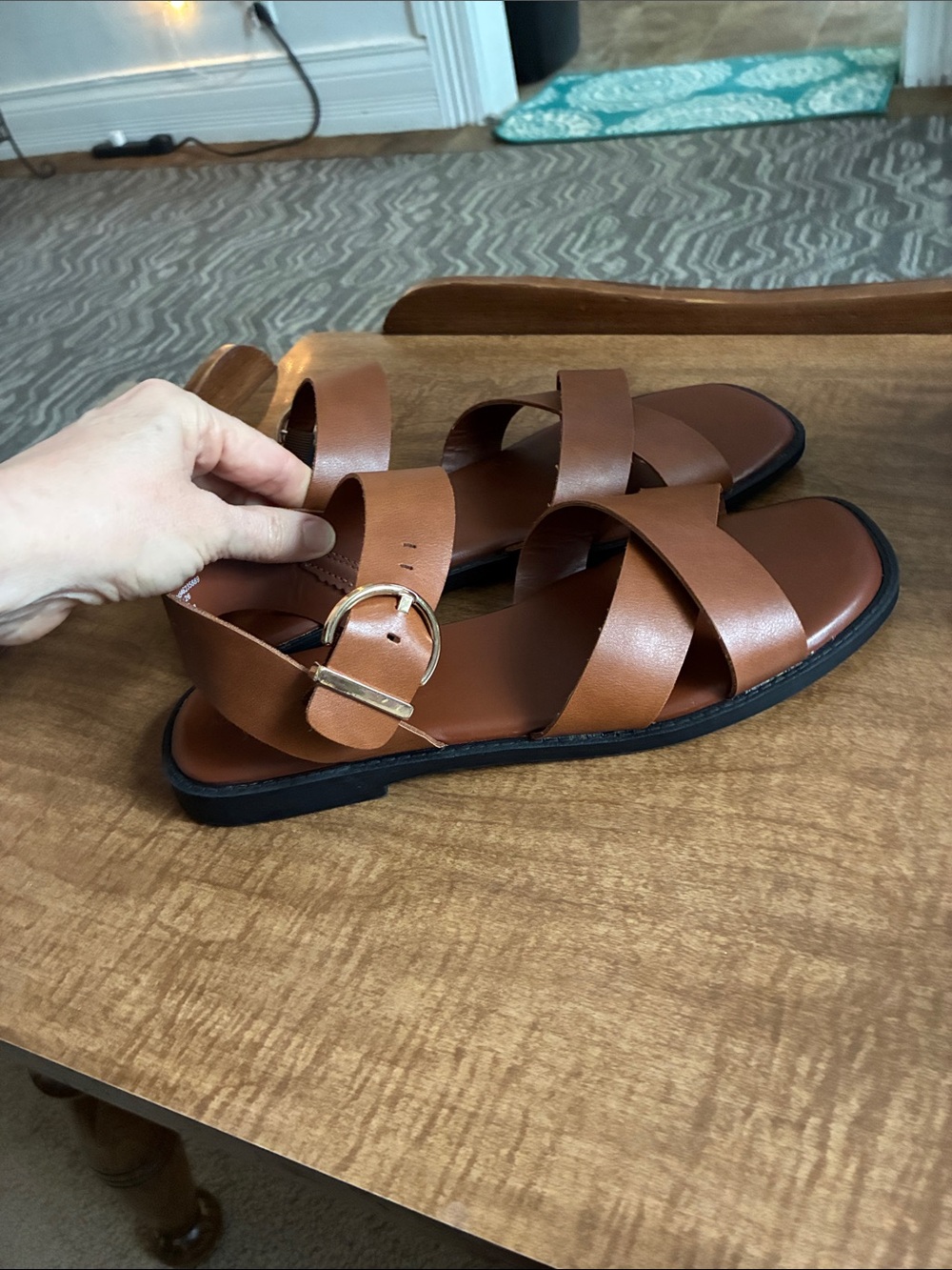 Women’s Tan Leather Buckle Strap Slide Sandals